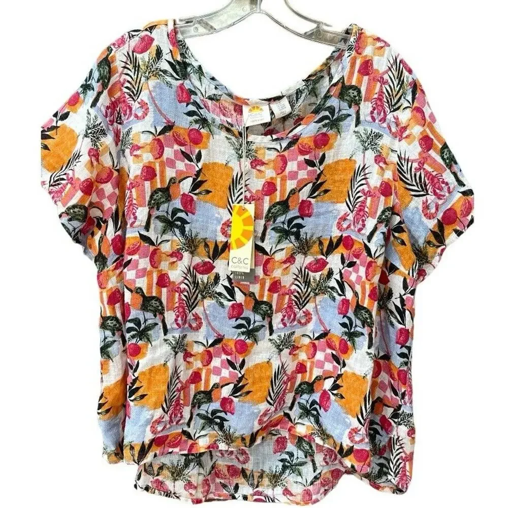 C & C CALIFORNIA Women's LINEN Bird Lobster Lagenlook Short Sleeve Top 2X Plus - Picture 1 of 9